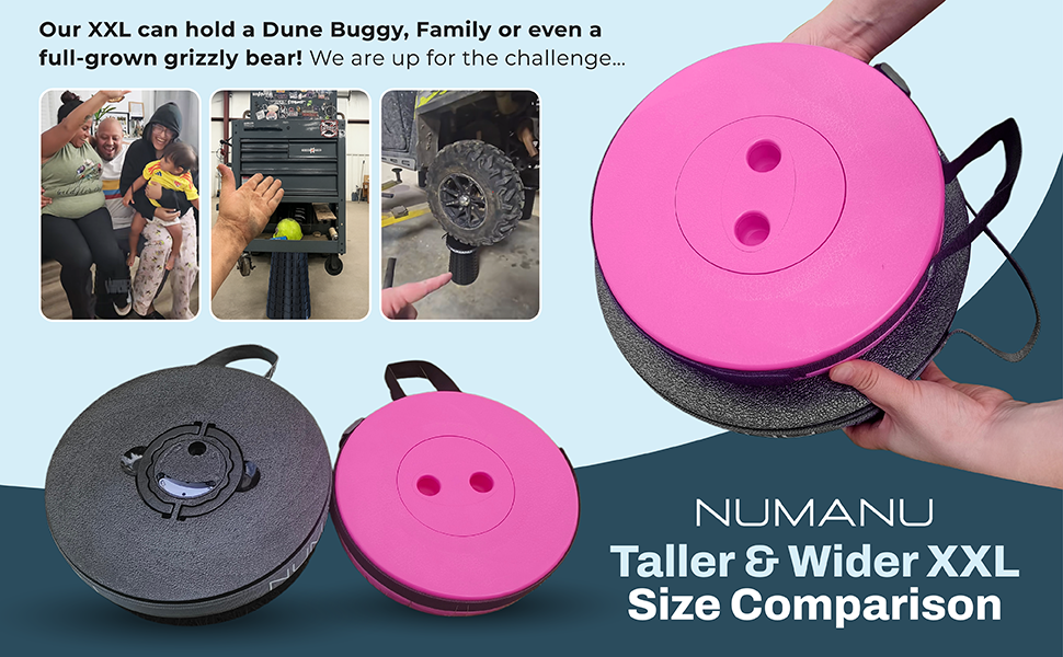 XXL Collapsible Stool Size Comparison vs. a Standard Sized Retractable Stool, Foldable Camping Seat