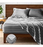 BEDELITE Satin Sheets Queen Size, Luxury Jacquard Striped Dark Grey Bedsheets with Elastic Corner...