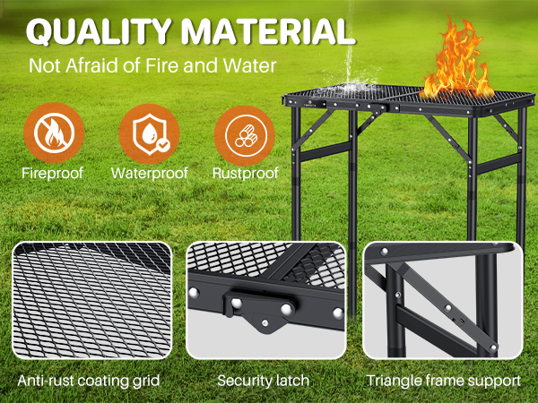 Portable grill with fireproof, waterproof, and rustproof features. Black metal construction with grid surface, security latch, and triangle frame support. Shown with flames on grassy background.