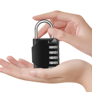Combination padlock with 5-digit code. Black body with silver shackle. Held between two hands, demonstrating size and usage.