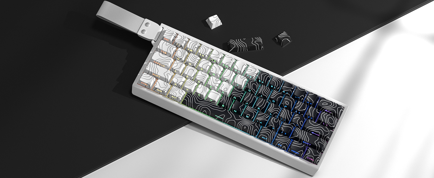 PBT keycap,White/Black Topographic keycaps 60 75 Percent,Shine Through keycaps,Side Printed keycap