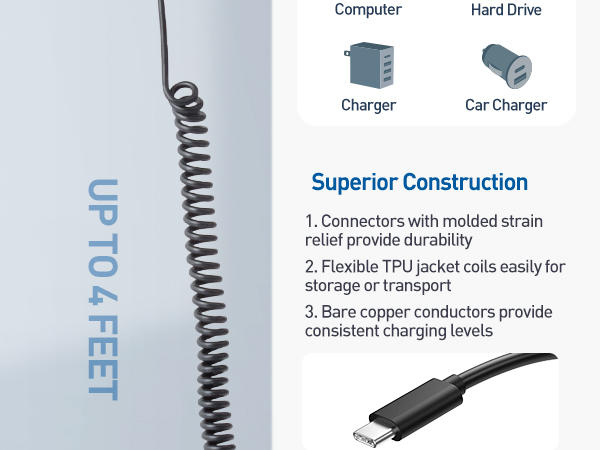 Coiled USB-C to USB-A Charging Cable