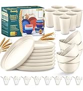 Wheat Straw Dinnerware Sets,56-Piece Beige Plates and Bowls Sets for 8-Unbreakable,Reusable Plast...