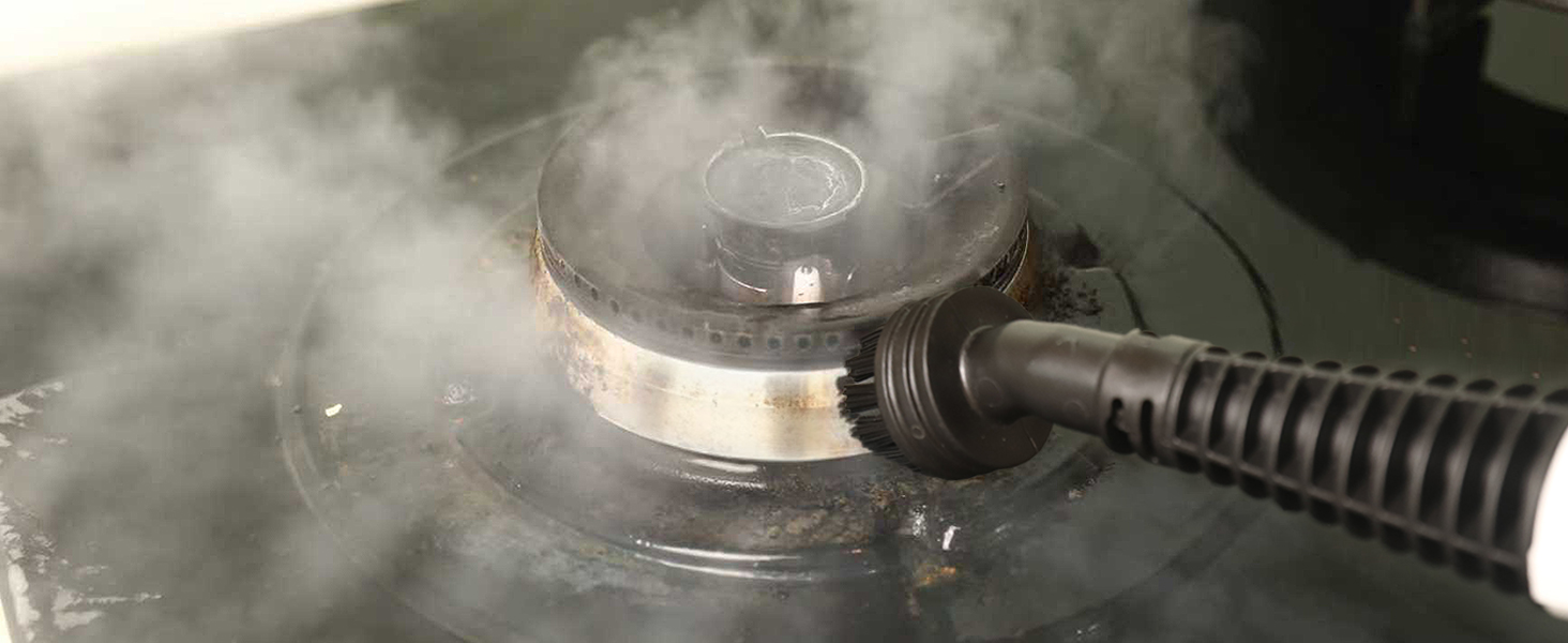 steam mop cleaning stove in kitchen