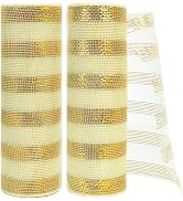 TONIFUL 2 Roll 10 Inch Gold and White Striped Decorative Mesh Ribbon Rolls for Indoor Decor Chris...