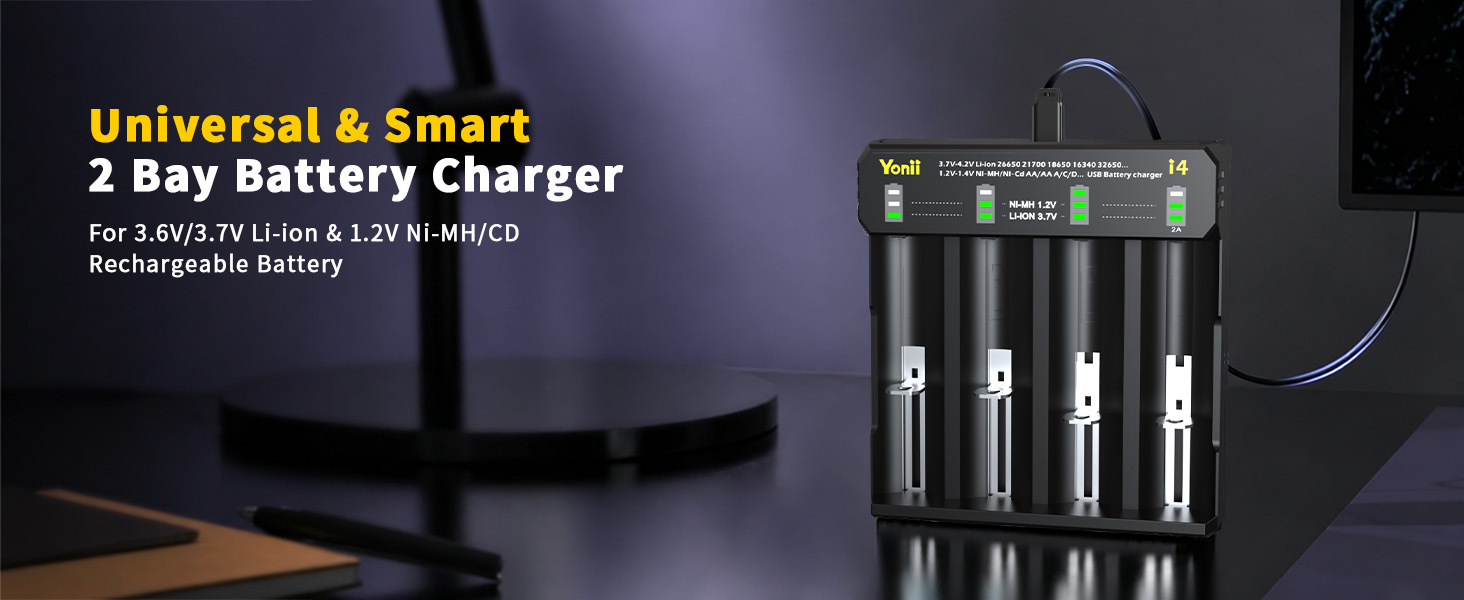 Yonii Smart 2 Bay Battery Charger for 3.6V/3.7V Li-ion &amp;amp;amp;amp; 1.2V Ni-MH/CD Rechargeable Batterie