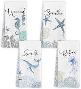 WARDOS Coastal Hand Towels for Bathroom Set of 4, Relax Breathe Soak Unwind Decorative Hand Towel...