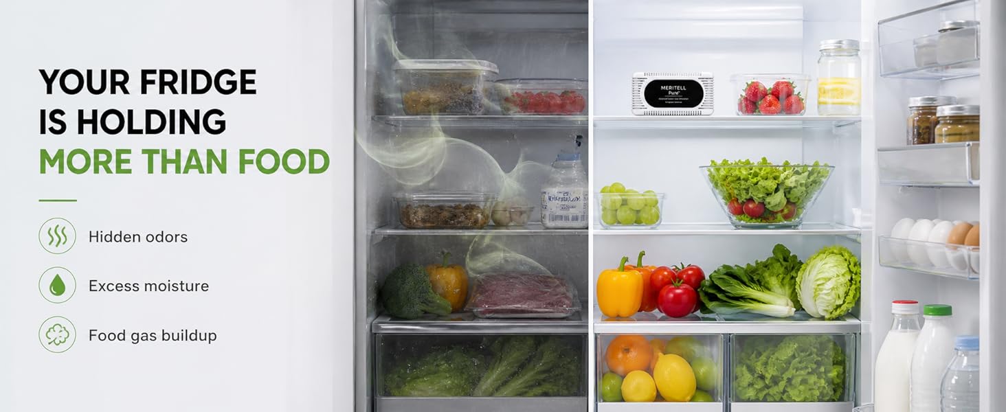 Split fridge comparison showing odor buildup versus fresh organized refrigerator
