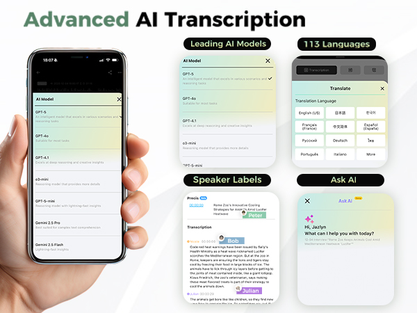 AI functions includes many AI models, 113 languages, speaker lables and Ask AI