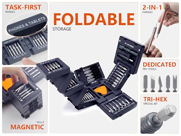 Foldable magnetic tool cube with task-first panels, 2-in-1 handle, bits and pry tools