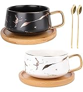 Peohud Set of 2 Ceramic Tea Coffee Cup and Saucer, 10 Oz Marble Latte Art Mug with Spoon, Wide Ca...
