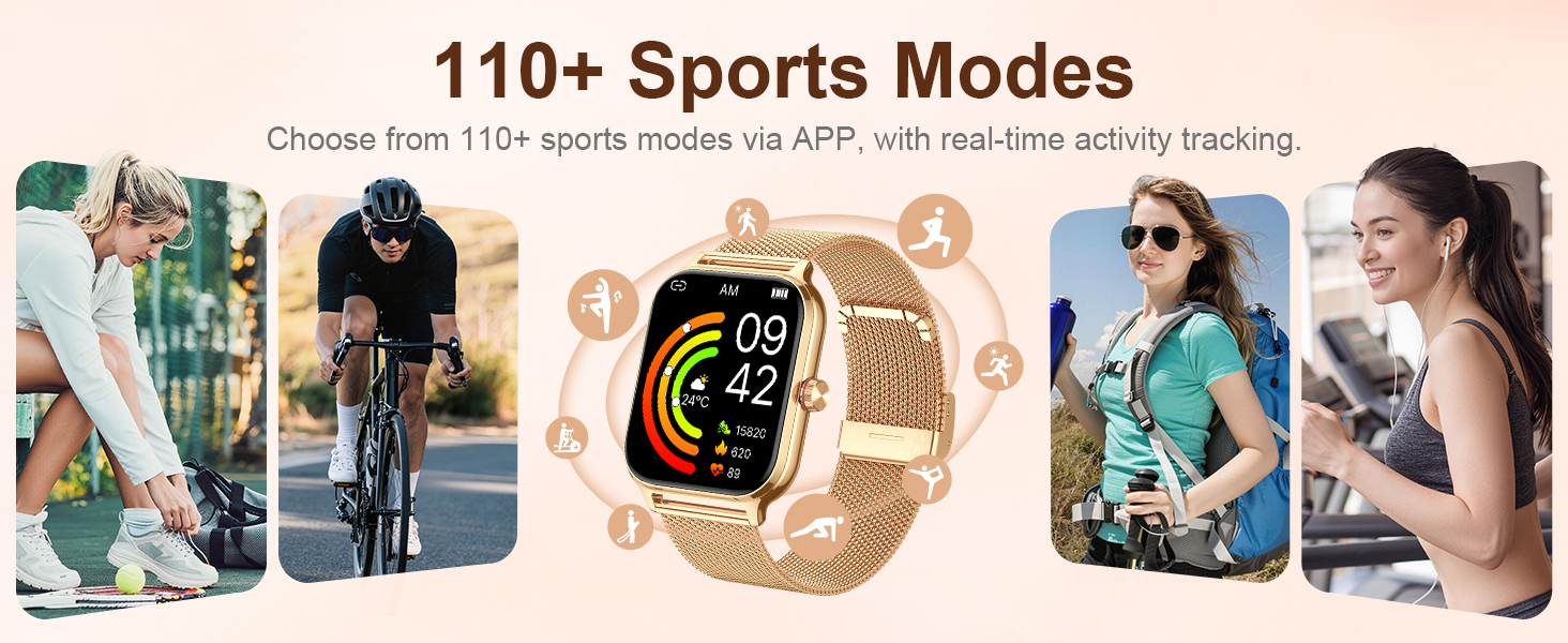 Text reads '110+ Sports Modes' and 'Choose from 110+ sports modes with 24/7 HR AMP with no limits on activity tracking'. Smartwatch with rose gold mesh band shown alongside lifestyle photos of users.