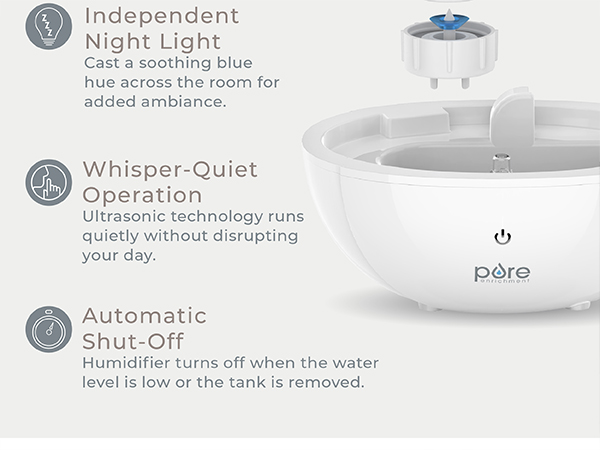 thoughtfully designed transparent tank night light 360 mist nozzle whisper quiet auto shut off