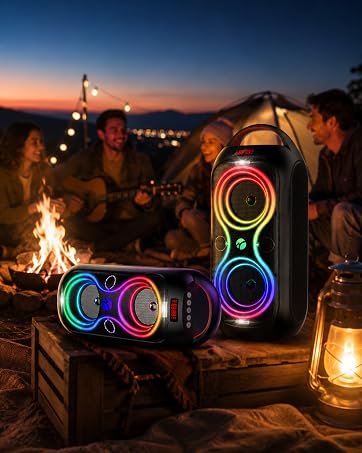 Friends gathering around a fire with a front view of the portable speaker