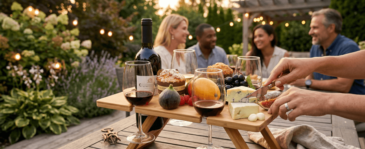 backyard wine table, backyard picnic, backyard party, garden wine table, patio wine setup