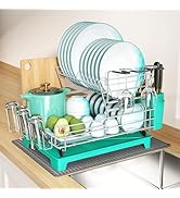 BOOSINY 2 Tier Turquoise Large Stainless Steel Dish Drainers Drying Rack for Kitchen Counter with...