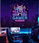 Gamer Tapestry Play &amp; Win Game Night Neon Sign Gamepad Purple Game Tapestry Cool Gaming Wall Hang...