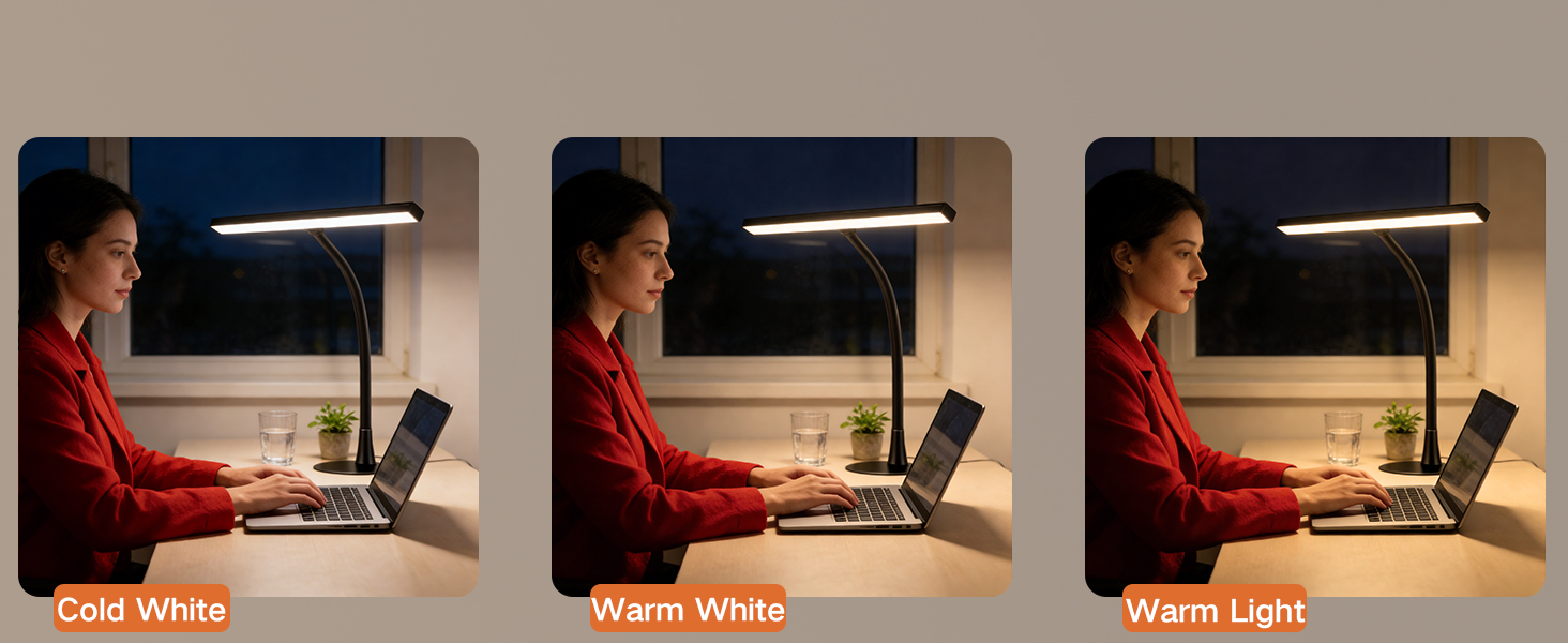 Text reads 'Cool White', 'Warm White', 'Warm Light'. Series of comparison photos showing lighting effects in an interior setting with different color temperatures.