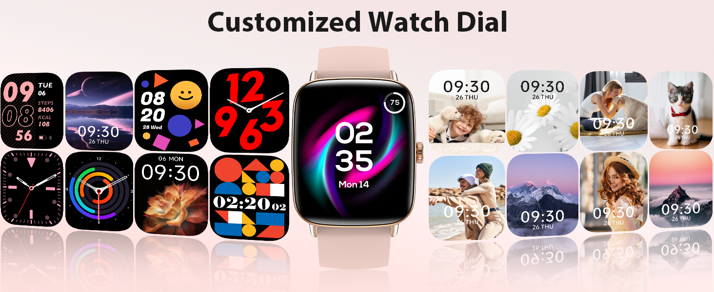 Pink smart watch for women with customizable watch faces and personal photo dial options