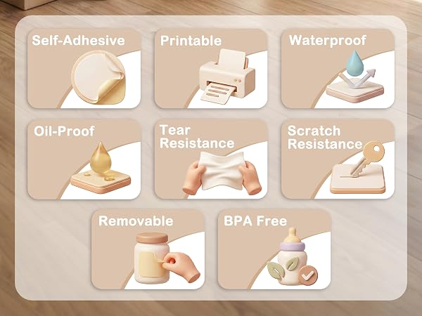 Product feature icons showing: 'Self-Adhesive', 'Printable', 'Waterproof', 'Oil-Proof', 'Tear Resistance', 'Scratch Resistance', and 'BPA Free'. Icons demonstrate product durability features.