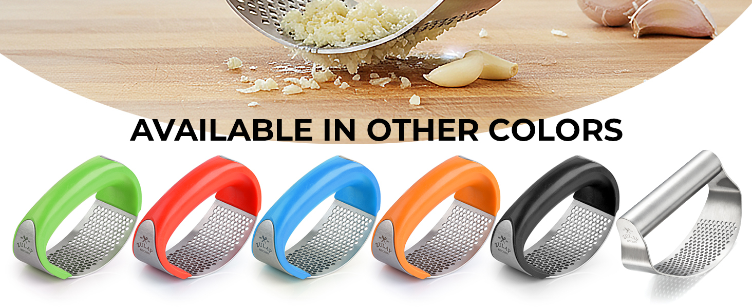 Compact garlic press rocker with curved design for efficient garlic crushing.