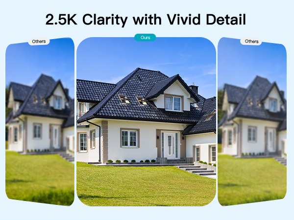Text reads '2.5K Clarity with Vivid Detail'. Series of exterior house photos showing different angles of a modern residential property with manicured lawn.