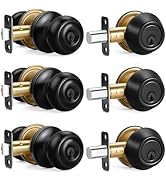 3 Sets Entry Door Knob and Single Cylinder Deadbolt Combo Set, Keyed Alike Round Ball Matte Black...