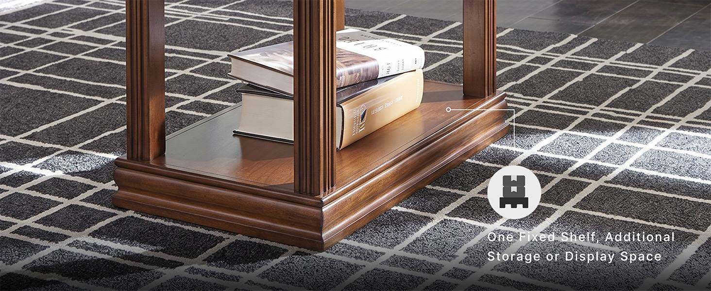 Close-up of the oil-rubbed dark brown finish and straight legs on the contemporary accent table