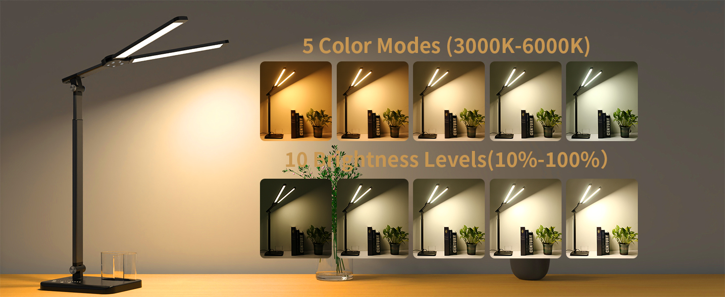 Led desk light has 5 color modes and 10 brightness levels.