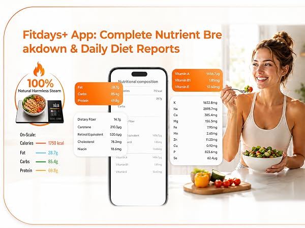 Fitdays App generates full nutrient breakdown and daily diet reports for smart food scale