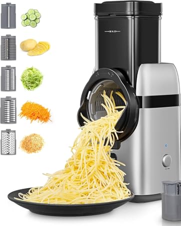 Electric vegetable spiralizer with stainless steel body, multiple blade attachments, and a plate of freshly spiralized zucchini noodles. Inset images show various vegetable spirals and grating options.
