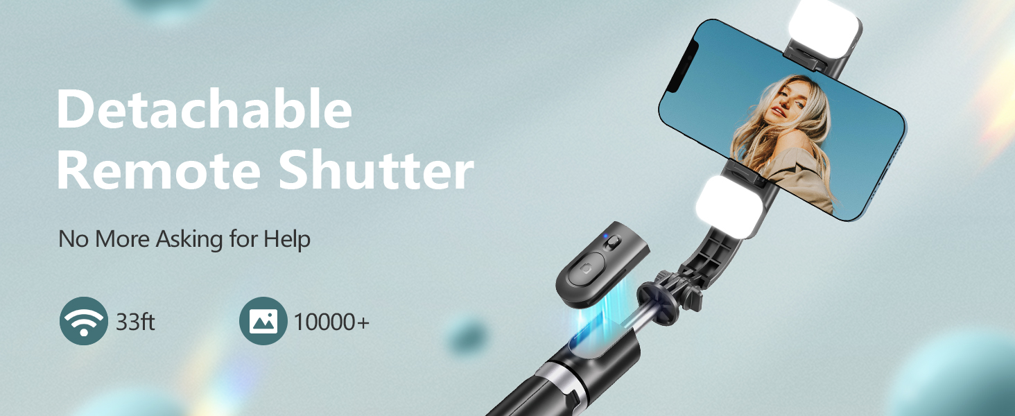 Detachable remote shutter for smartphone photography, featuring 33ft range and 10000+ uses. Includes phone mount and tripod.