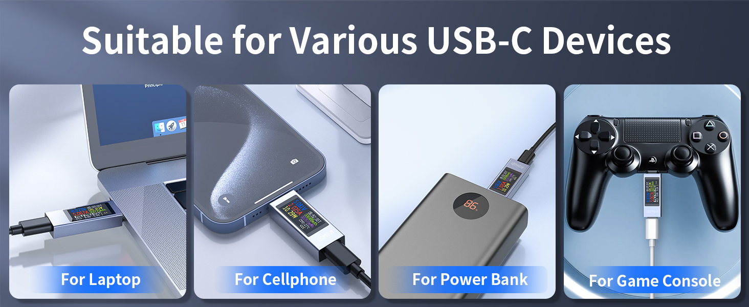 USB-C compatibility chart showing four connected devices: LED lighting, notebook computer, power bank, and game controller with blue connection indicators.