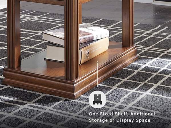 Close-up of the oil-rubbed dark brown finish and straight legs on the contemporary accent table