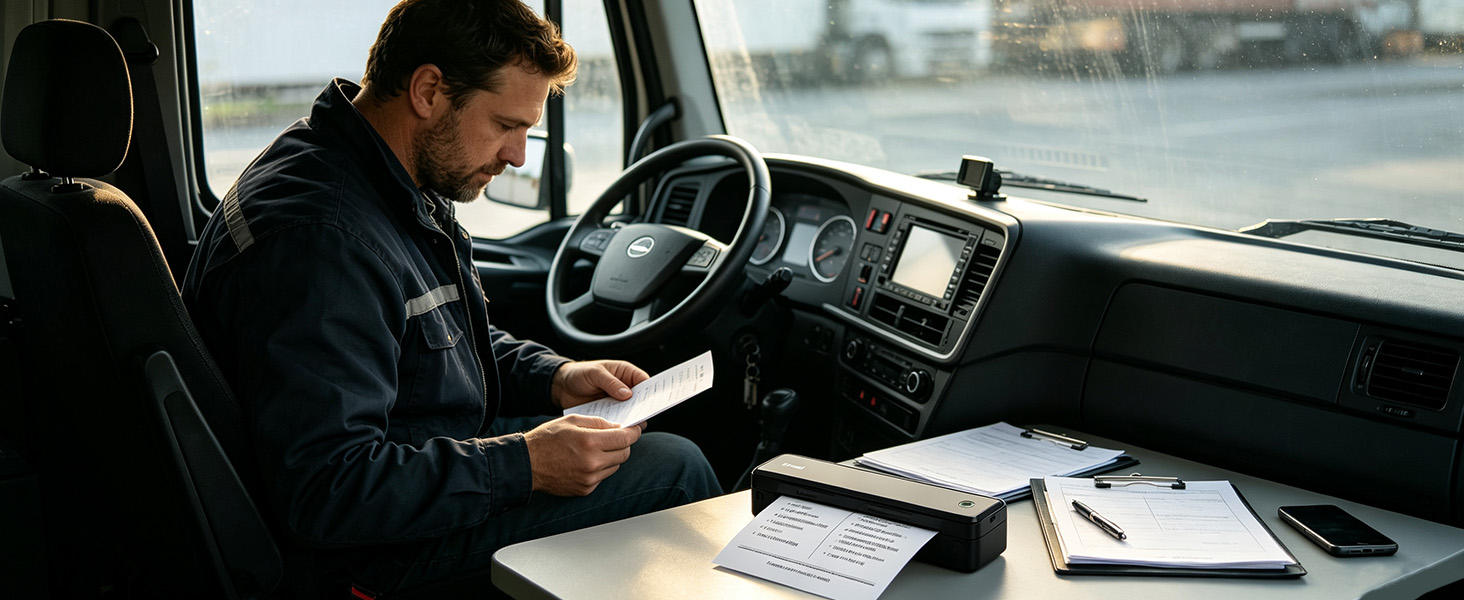Truck driver uses the A8 mobile printer to print forms, schedules, documents inside a truck cab