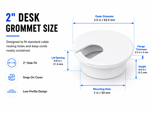 White 2 inch desk grommet size guide with mounting hole and outer diameter