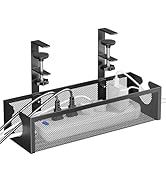 DELAMU Under Desk Cable Management Tray, No Drill Metal Mesh Cable Management Under Desk with F-C...
