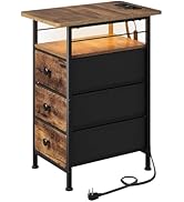 WLIVE Narrow Side Table with Charging Station, End Table with LED Lights,3 Fabric Drawers and Ope...