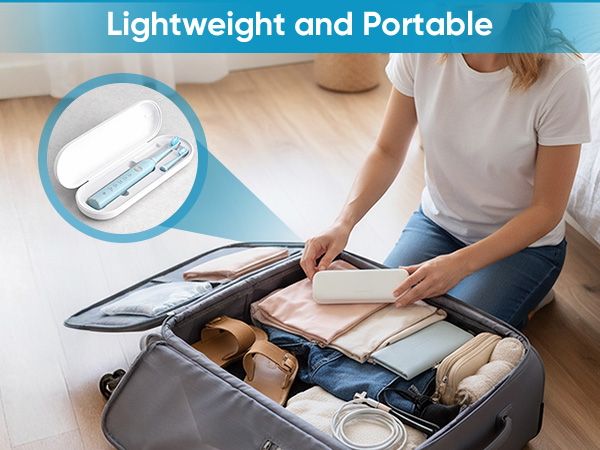 Text reads 'Lightweight and Portable'. Series of images showing a laptop sleeve or case being packed and carried, demonstrating its portability.