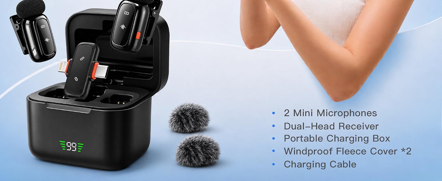 Wireless Microphone for iPhone Android, Dual Lavalier Mini Clip On Mic