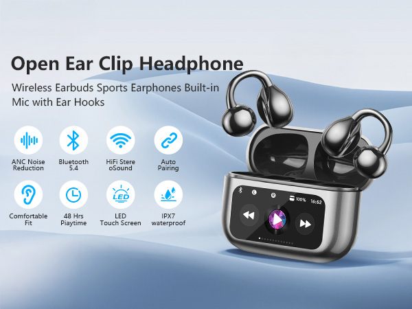 Open Ear Clip On Earbuds Intelligent Touch Color Screen Open Ear Wireless Bluetooth 5.4 Headphones