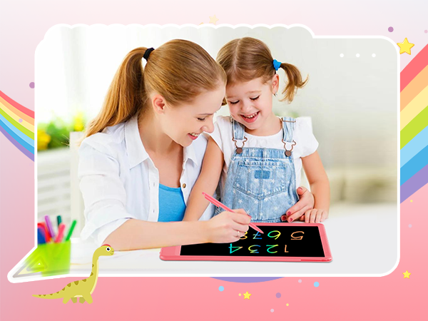 Series of images showing interaction with an LCD writing tablet or drawing board with pink background elements.