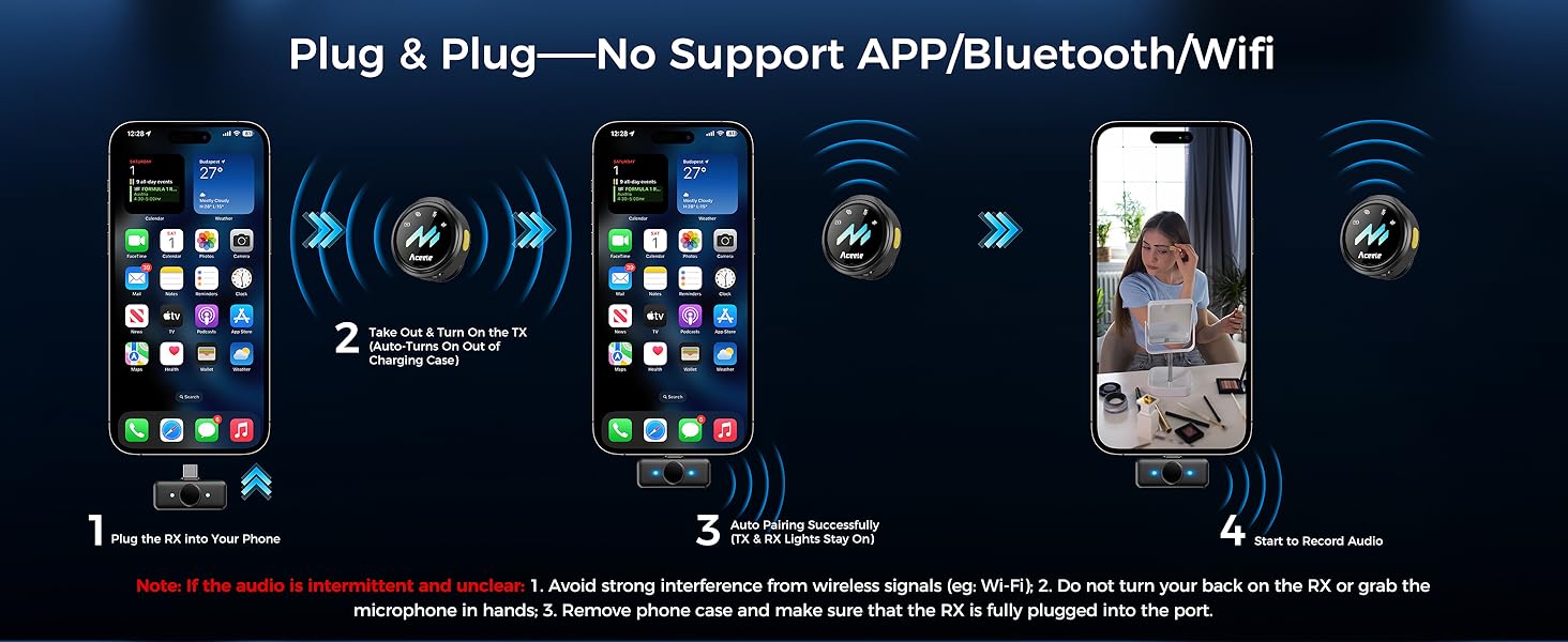 Text reads 'Plug &amp; Play—No Support AirPlay/Bluetooth/WiFi'. Series of mobile phone interface screenshots showing connectivity steps or features.