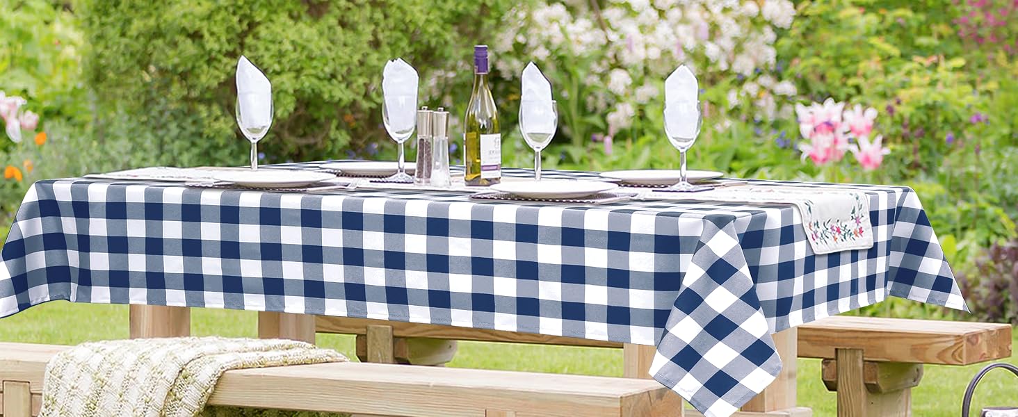 navy blue buffalo plaid tablecloth for outdoor