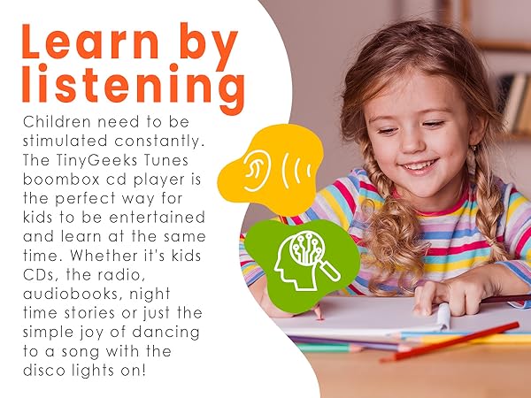 Text reads 'Learn by listening'. Educational content showing music notes and activities. Text describes children's entertainment and learning through music.