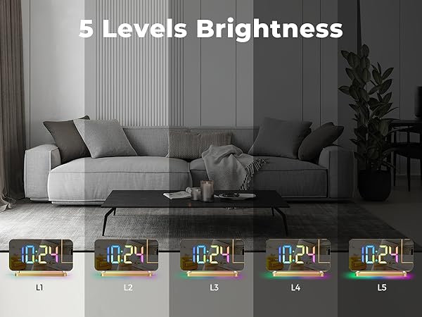 led mirror digital alarm clock with rgb night light