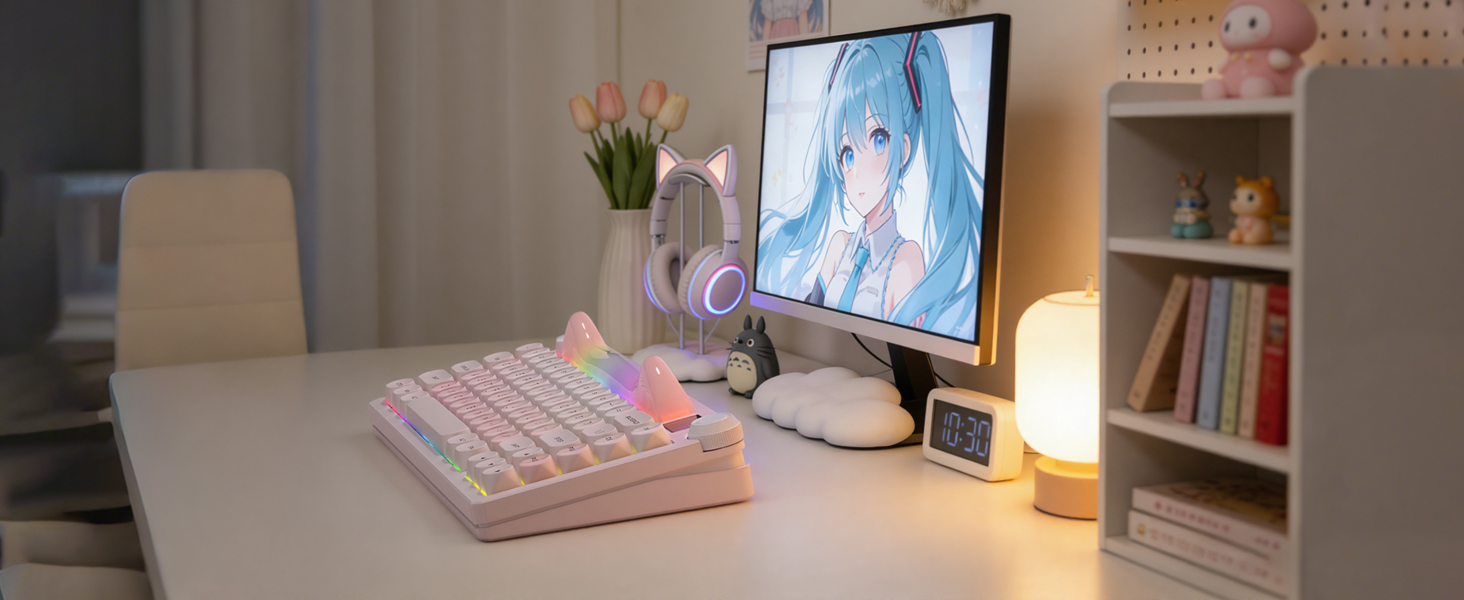 75% Wireless Mechanical Keyboard with Screen and Knob, Pink Cat Creamy Bluetooth Gaming Keyboard