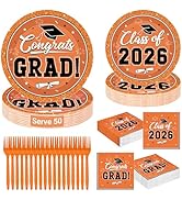 QZYL 50 Set Graduation Supplies 2026, Orange Graduation Plates and Napkins, Disposable Dessert Pl...