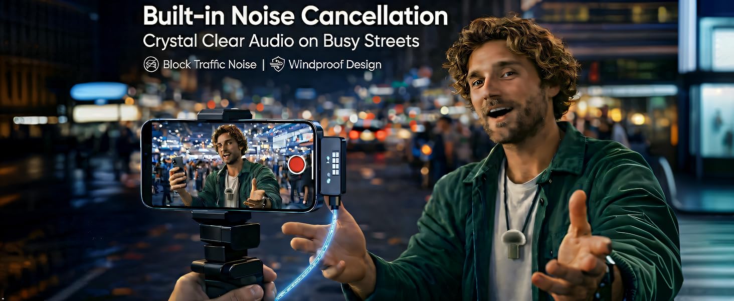 Wireless noise cancelling microphone for vlogging on busy streets with windproof design