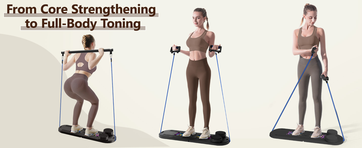 Standing resistance band training shown on a DQI pilates board for full-body toning.